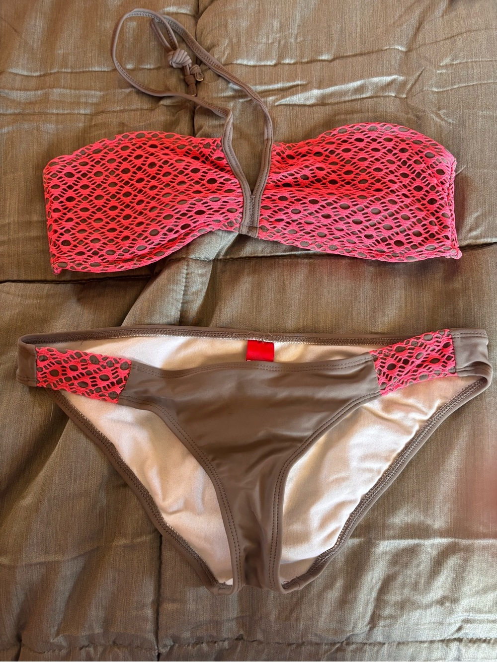 BONGO Coral Lace-Overlay Strapless Bikini with Taupe Trim